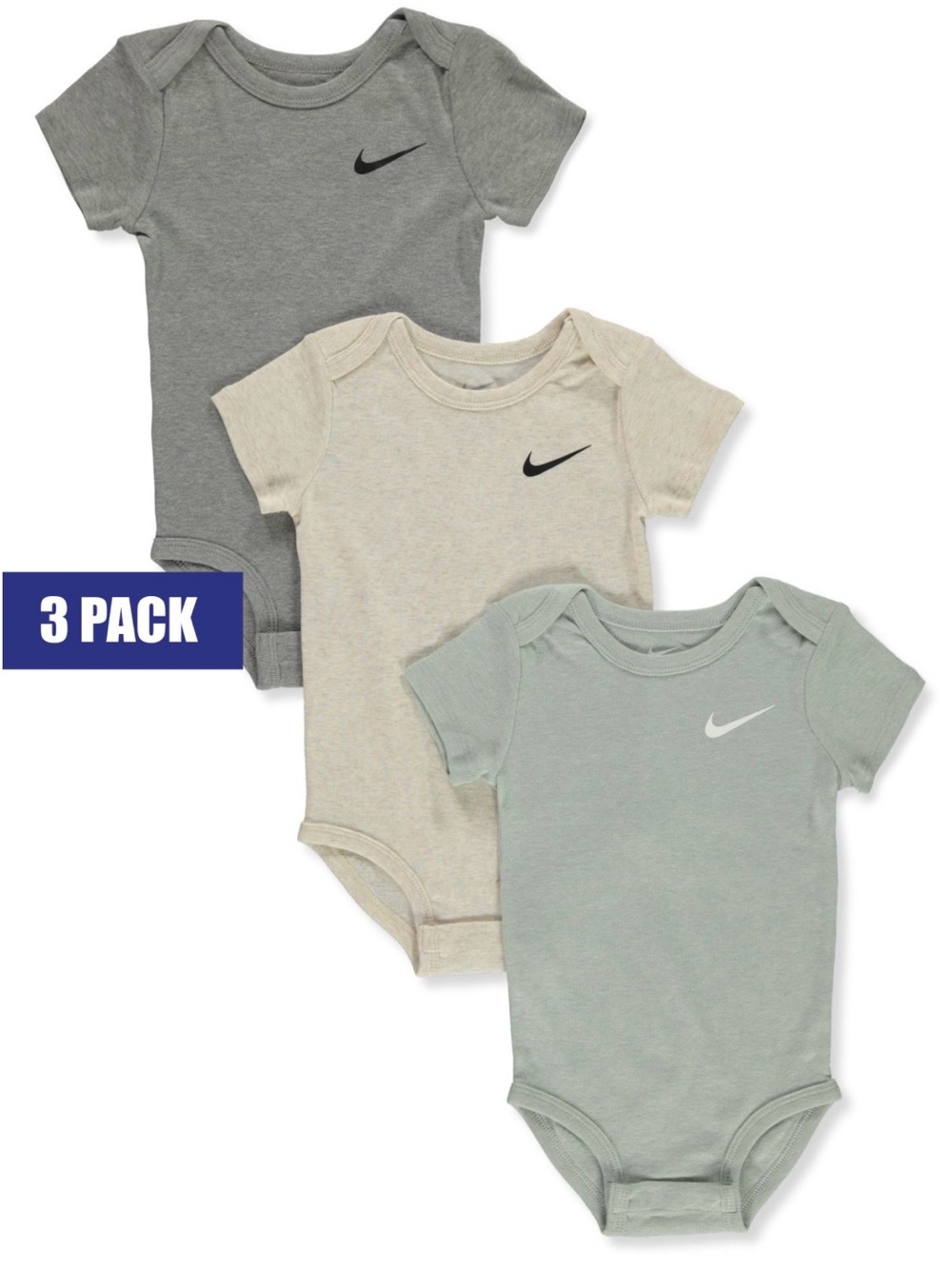 NEW Nike Baby Bodysuit 3-Pack in Gray, Cream, Sage 12month
